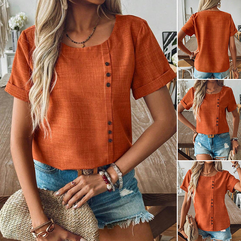 Women's bauchfreies linen-look top with asymmetrical button placket and rolled sleeves StylebySassy