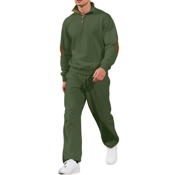 Men's fine ribbed sweater with half button placket, high stand-up collar, and contrasting suede elbow patches StylebySassy