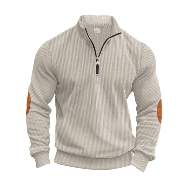 Men's structured cotton knit pullover with half zipper and elbow patches StylebySassy