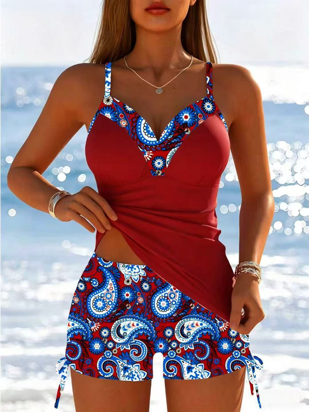 Women’s functional swimsuit with high cut and decorative paisley patterns StylebySassy