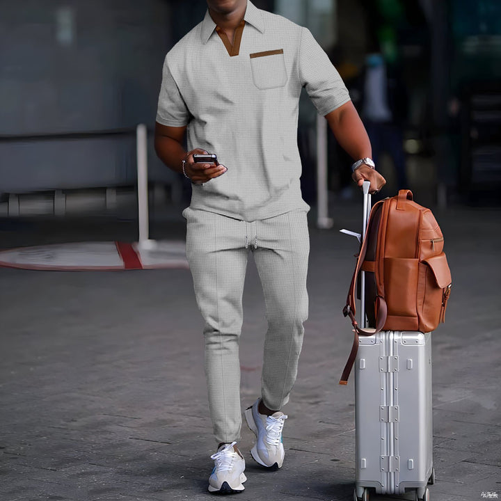 Men's casual leisure set made of elastic jersey with V-neck, chest pocket, and drawstring waistband StylebySassy