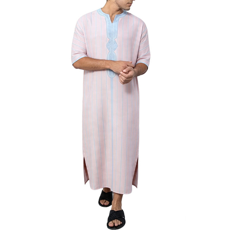 Men's striped Djellaba with decorative chest embroidery and side slit StylebySassy