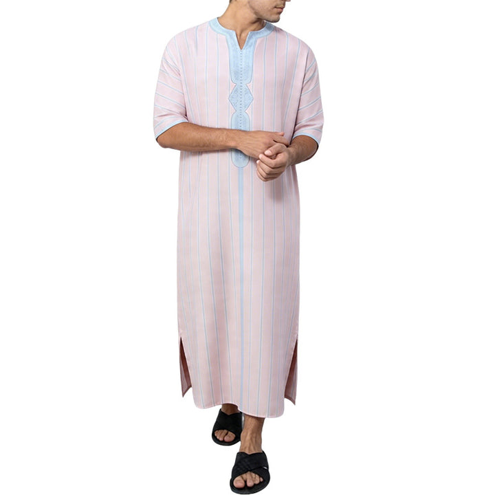 Men's striped Djellaba with decorative chest embroidery and side slit StylebySassy