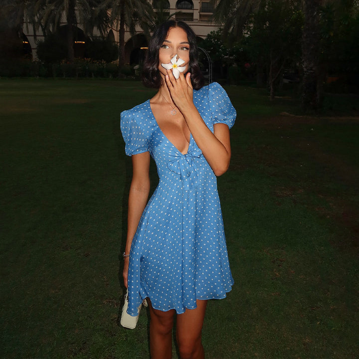 Women playful mini dress with puff sleeves and heart-shaped neckline StylebySassy