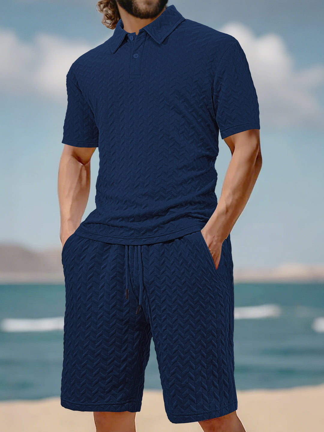 Men's embossed beach ensemble with open short sleeve shirt and cord Bermuda StylebySassy