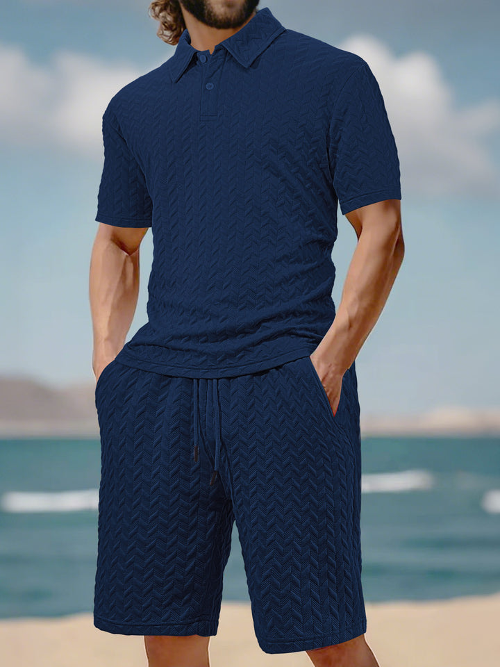 Men's embossed beach ensemble with open short sleeve shirt and cord Bermuda StylebySassy