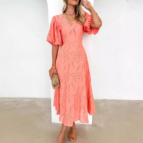 Women’s tailored mid-length dress with embroidery eyelet and voluminous balloon sleeves StylebySassy