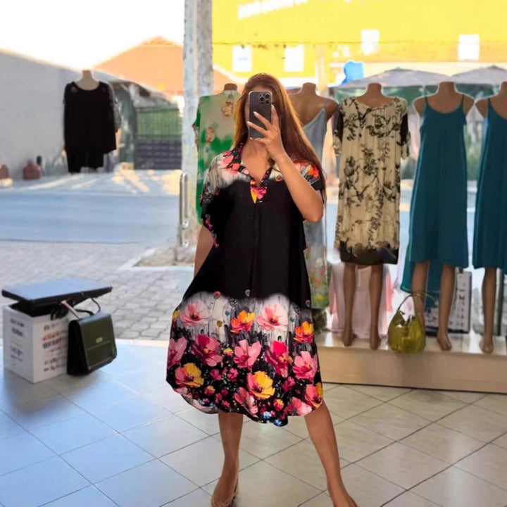 Women's lightweight shirt dress with floral border print, open V-neck and side pockets StylebySassy