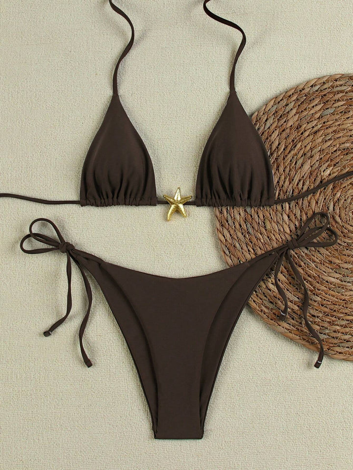 Women's Triangle Bikini Set with Adjustable Straps and Decorative Jewelry Element StylebySassy