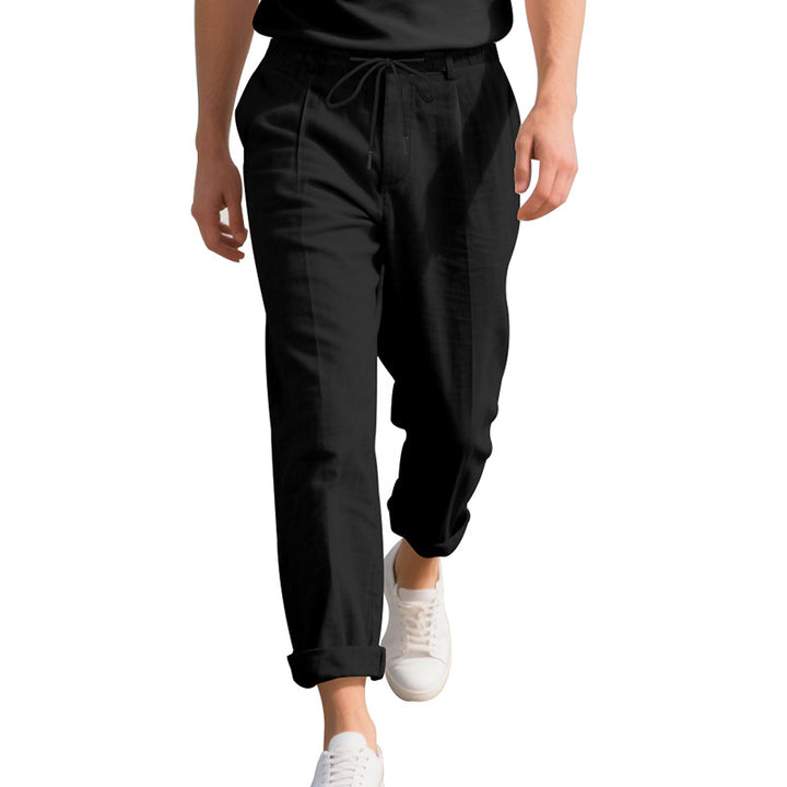 Men's beach-suitable linen blend lounge pants with elastic drawstring, subtle pleat, and rolled ankle hem StylebySassy