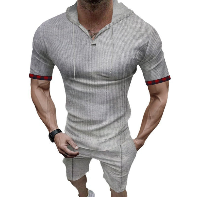 Men's summery hooded lounge set in lightweight waffle texture with short sleeve hoodie Henley opening and comfortable shorts StylebySassy