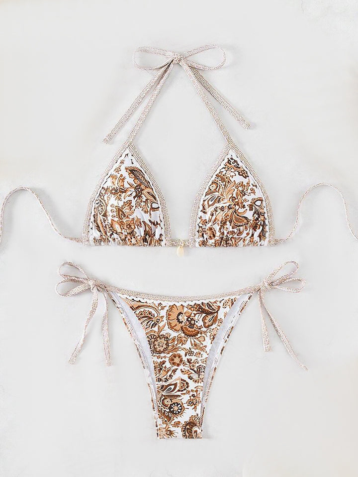 Women's triangle bikini set with adjustable tie straps and floral design StylebySassy