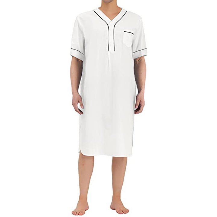 Men's knee-length nightshirt with short sleeves, concealed button placket and breast pocket StylebySassy