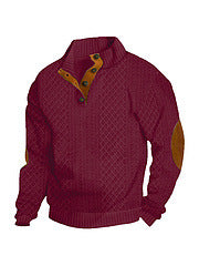 Men's coarse knitted sweater with stand-up collar, leather trim, and elbow patches StylebySassy