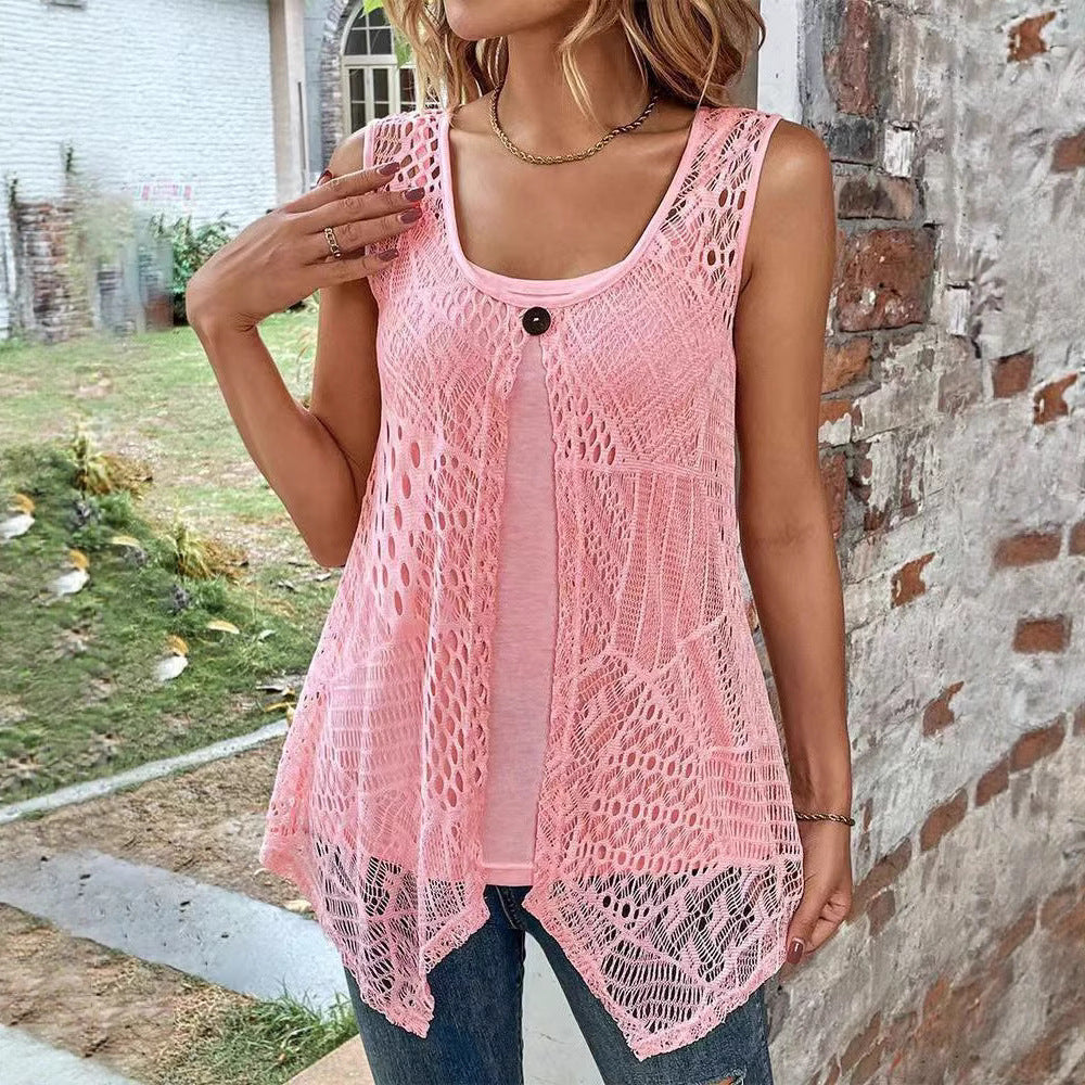 Women's crocheted A-line top with asymmetric scalloped hem and integrated jersey undershirt StylebySassy