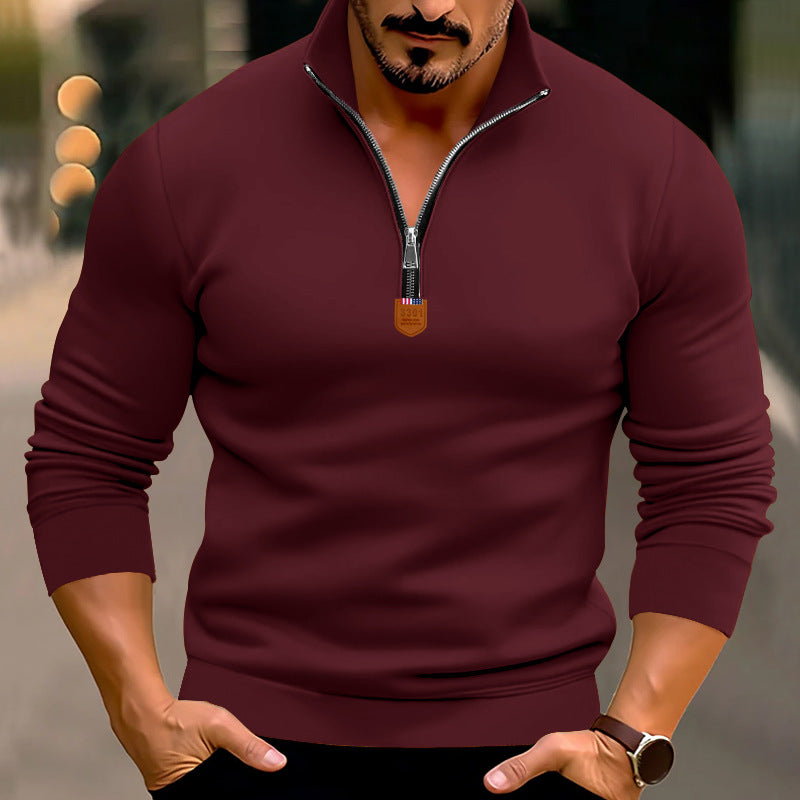 Men's narrow cut fine knit pullover with short zipper, shaping seams, and stretch waistband StylebySassy