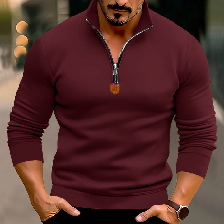 Men's narrow cut fine knit pullover with short zipper, shaping seams, and stretch waistband StylebySassy
