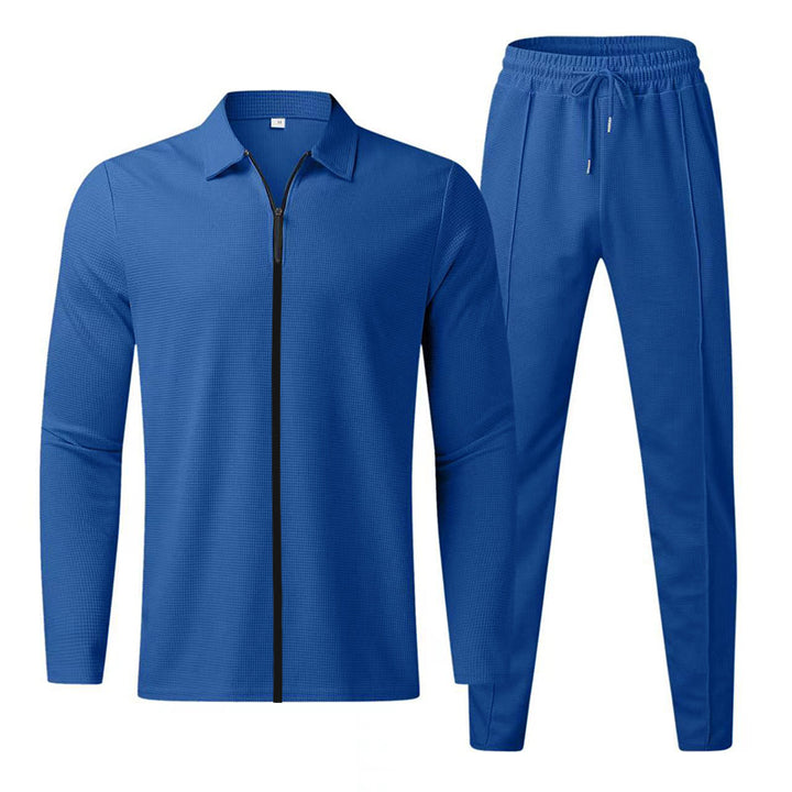 Men's casual waffle texture tracksuit with shirt collar, concealed zipper and drawstring pants StylebySassy