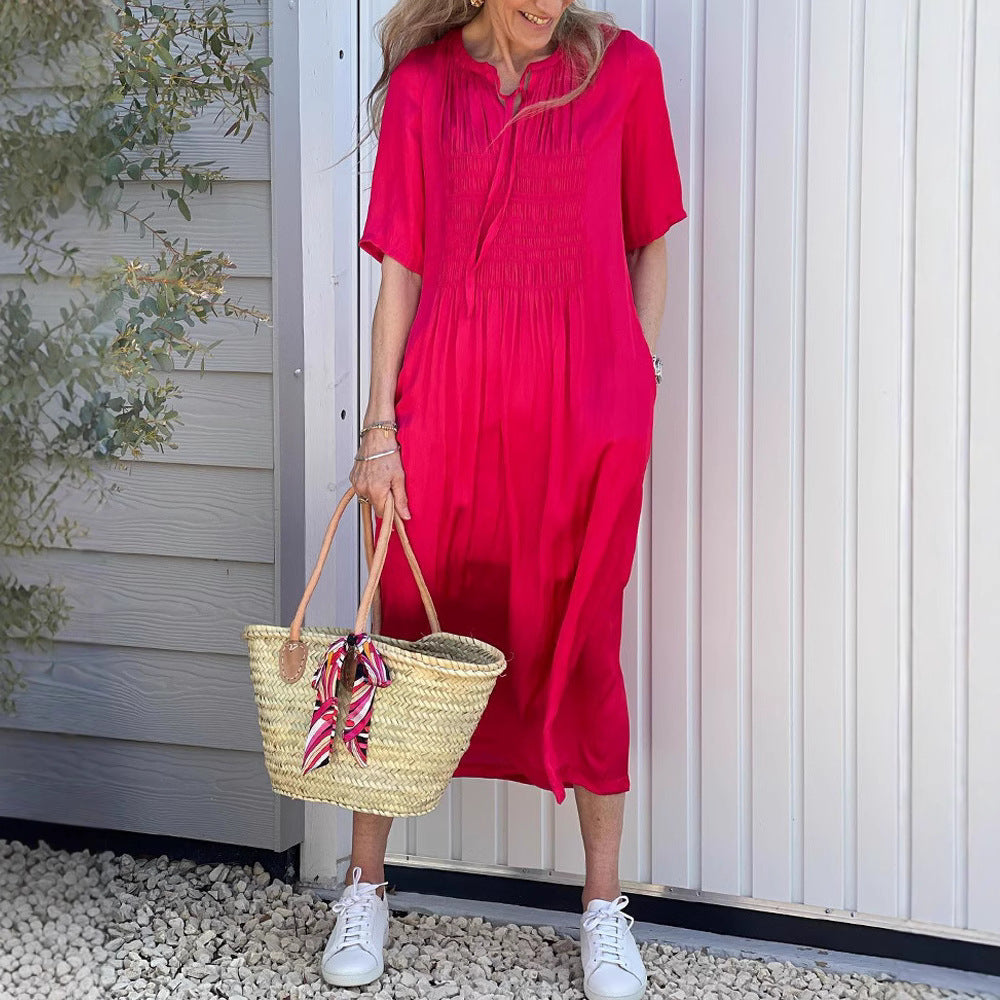 Women's casual midi dress with gathered bust panel, delicate slip collar, tie belt, and side pockets StylebySassy