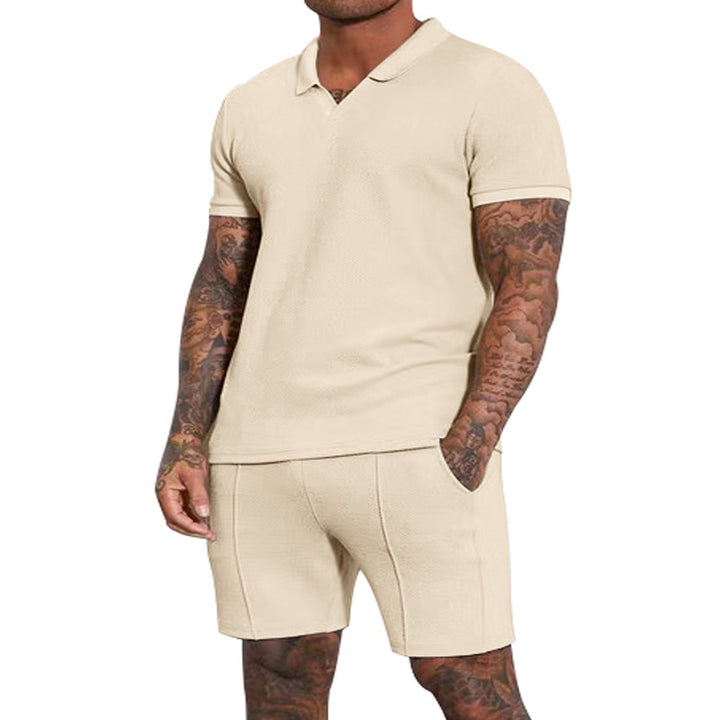 Men's short-sleeved half-collar knit set with fine waffle structure and straight-cut shorts StylebySassy