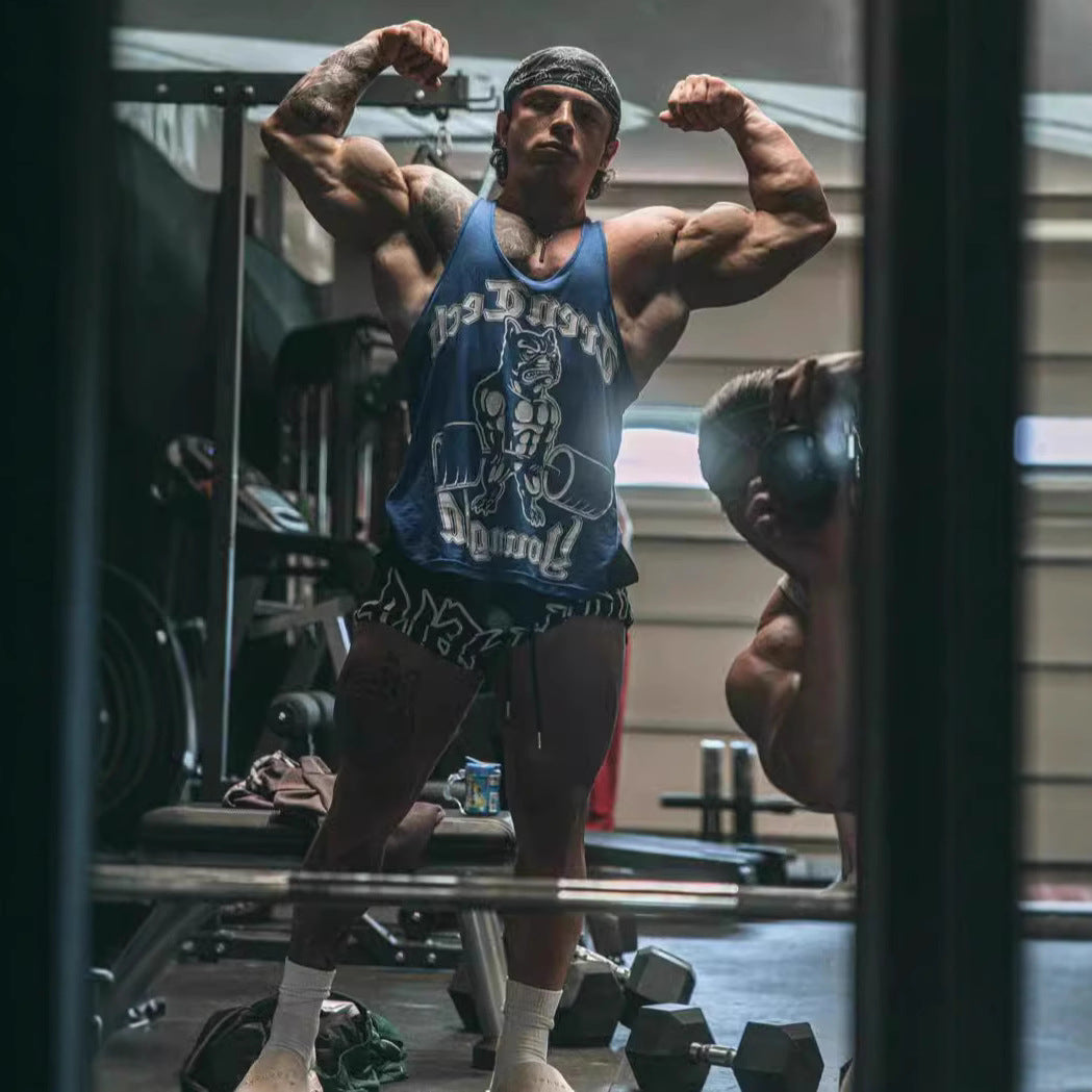 Men's form-fitting fitness tank top with bulldog graphic and extra deep armholes StylebySassy