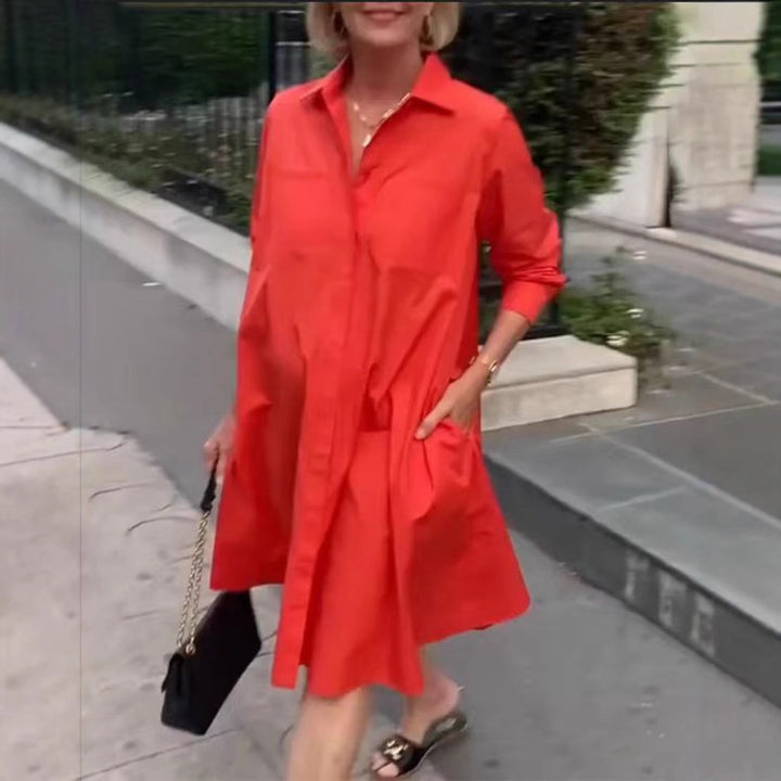 Women's Oversize Poplin Swing Hem Dress with Hidden Button Placket, Pockets, and Roll-Up Sleeves StylebySassy