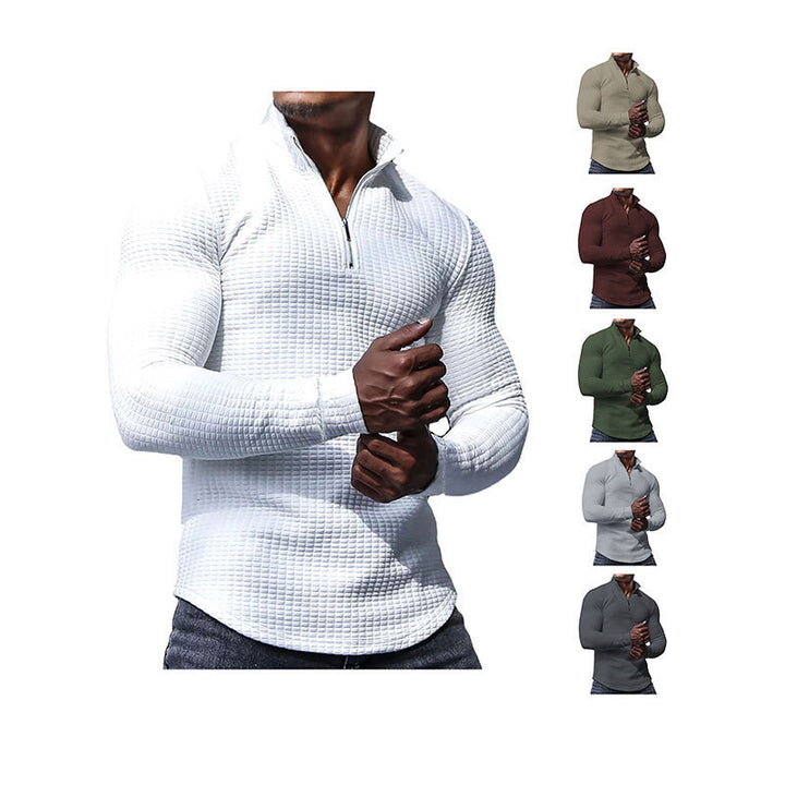 Men's tailored thermo half-zip pullover with waffle texture and standing collar StylebySassy