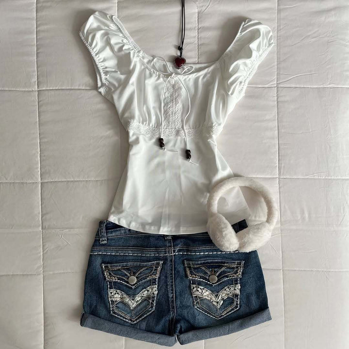 Women Playful Top with Lace Accents and Drawstring StylebySassy