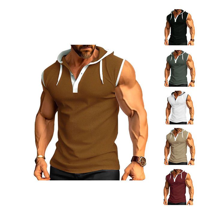 Men's sleeveless hooded sports shirt with mesh structure and V-neck StylebySassy