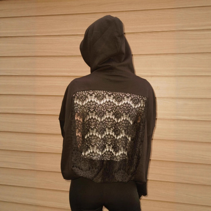 Ladies' oversized hooded sweater with floral lace insert on the back StylebySassy