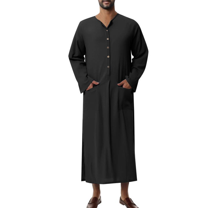 Men's wide long tunic-kaftan made of breathable linen with stand-up collar, button placket, and patch pockets StylebySassy