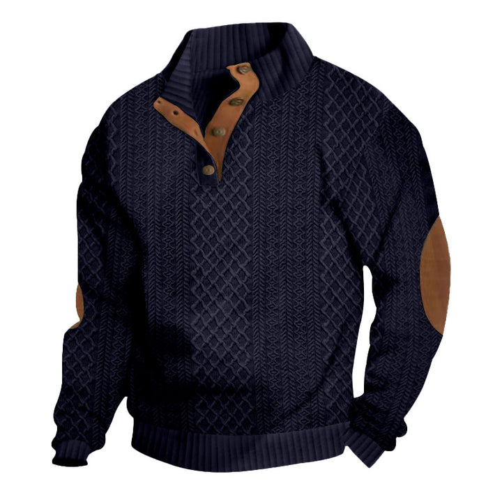 Men's chunky cable knit Troyer with button placket and suede elbow patches StylebySassy