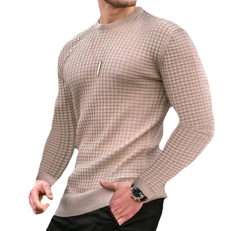 Men's fitted waffle round neck sweater made of fine knit with ribbed cuffs StylebySassy