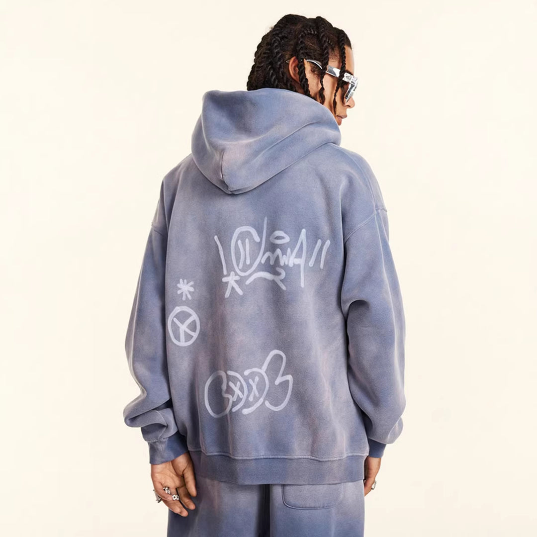Unisex oversized hoodie jacket with full-length zipper, brushed fleece lining, and hand-like spray print StylebySassy