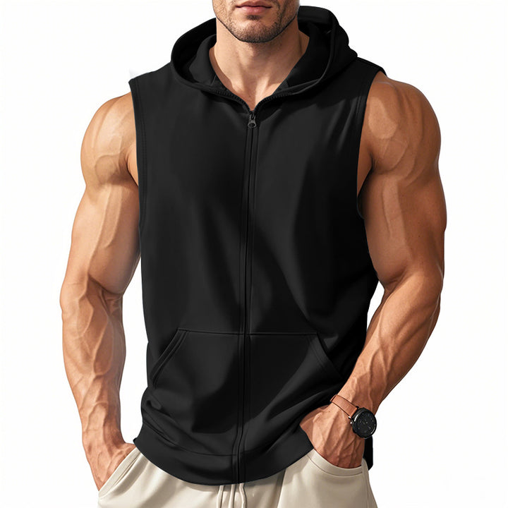 Men's muscle-fit training hoodie vest with zipper and kangaroo pocket StylebySassy