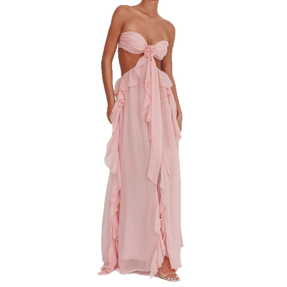 Ladies maxi dress with frills and bandeau neckline StylebySassy