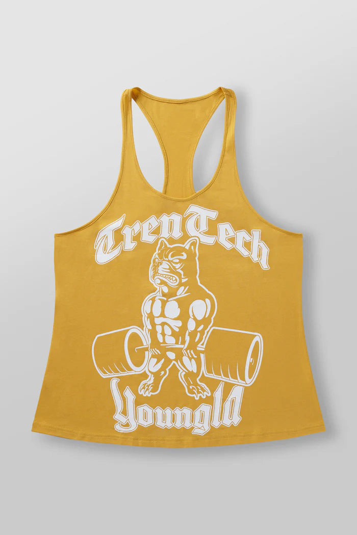 Men's form-fitting fitness tank top with bulldog graphic and extra deep armholes StylebySassy