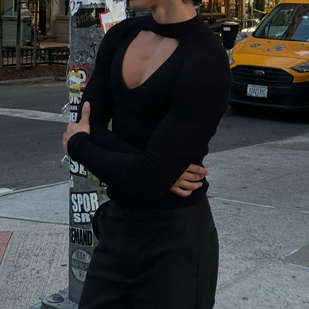 Women’s figure-hugging long sleeve top with cut-out and stand collar StylebySassy
