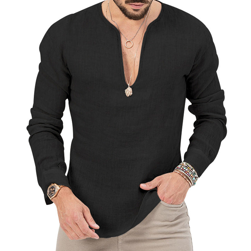 Men's relaxed linen tunic shirt with open slit collar and rounded hem StylebySassy