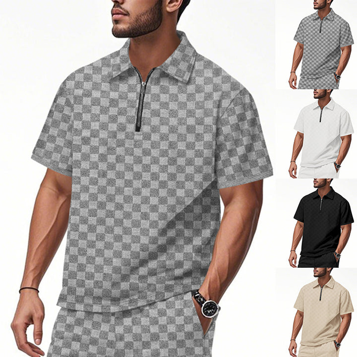 Men's short half-zip polo shirt made of structured waffle piqué with shirt collar and fitted silhouette StylebySassy
