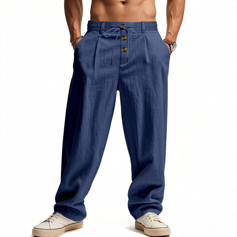 Men's casual pleated pants in linen look with elastic tunnel drawstring, decorative button placket, and deep side pockets StylebySassy