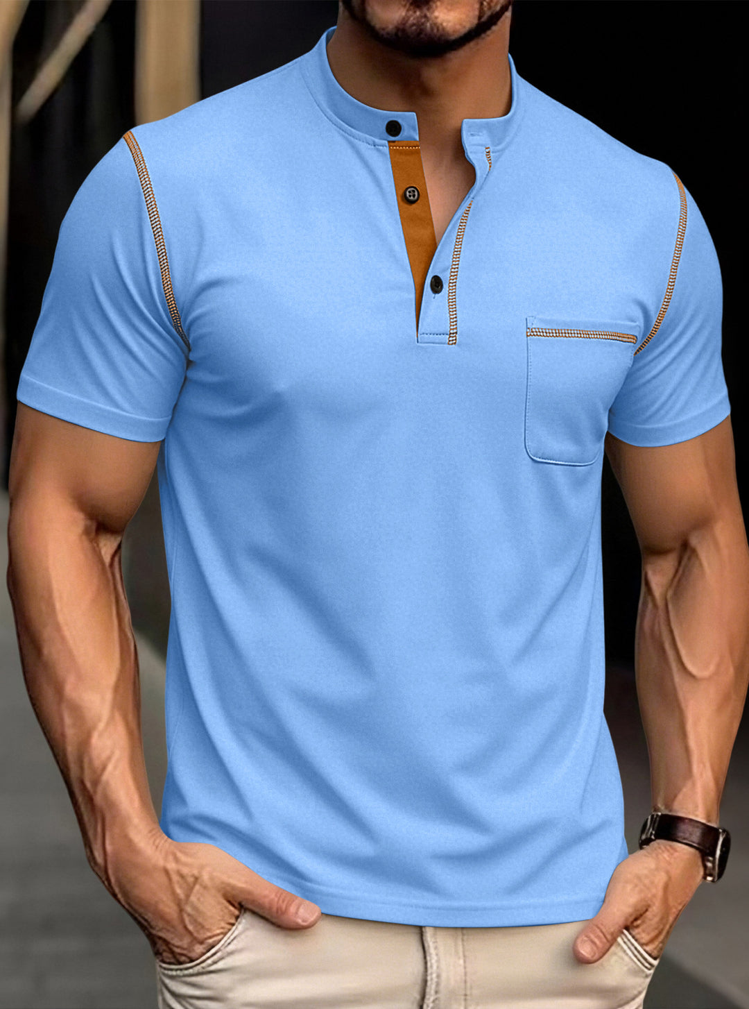 Men's modern short-sleeve Henley with stand collar, contrast stitching, and patch chest pocket StylebySassy