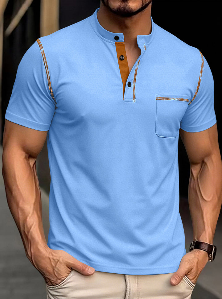 Men's modern short-sleeve Henley with stand collar, contrast stitching, and patch chest pocket StylebySassy
