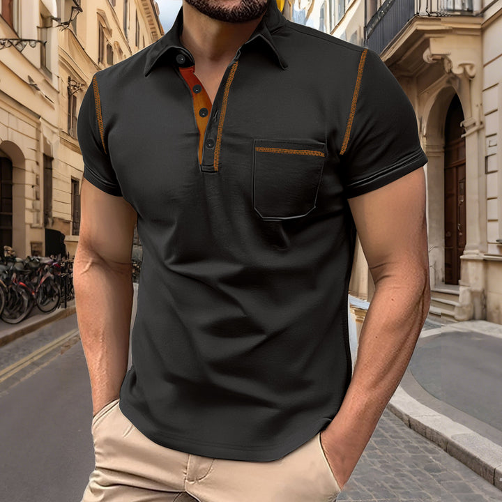 Men's short sleeve polo with chest pocket, contrasting quilted seam and shirt collar StylebySassy