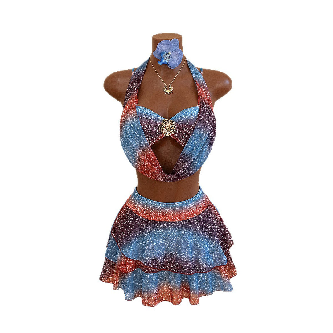 Women’s swimsuit with deep neckline and shimmering skirt StylebySassy