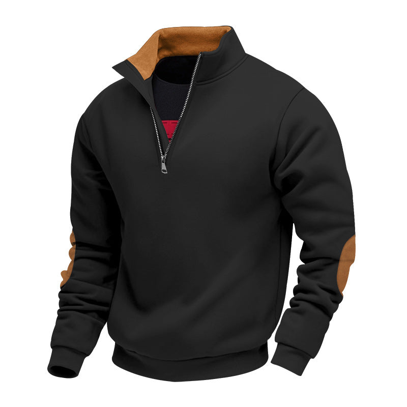 Men's nan Sweatshirt with half zipper, stand collar, and suede elbow patches StylebySassy