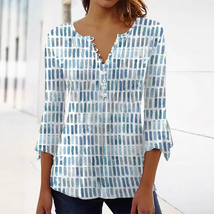 Women nan airy light watercolor print blouse shirt with Henley button placket and three-quarter bell sleeves StylebySassy