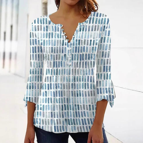 Women nan airy light watercolor print blouse shirt with Henley button placket and three-quarter bell sleeves StylebySassy