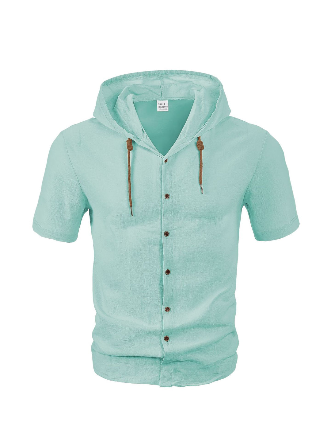 Men's short-sleeve hooded shirt with natural fiber texture, button-up front, and drawstring StylebySassy