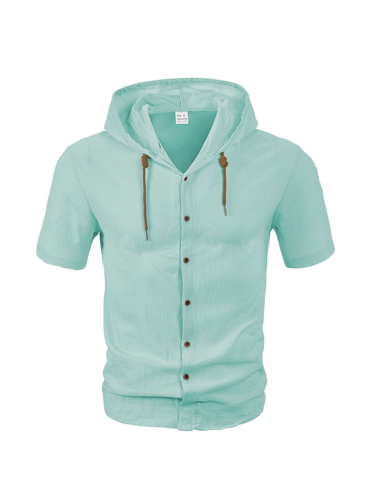 Men's short-sleeve hooded shirt with natural fiber texture, button-up front, and drawstring StylebySassy